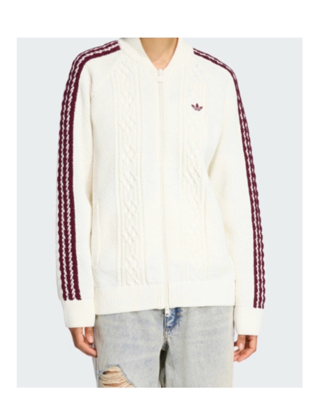 adidas Cream Zip-Up Cable Knit Sweater with Maroon Stripes